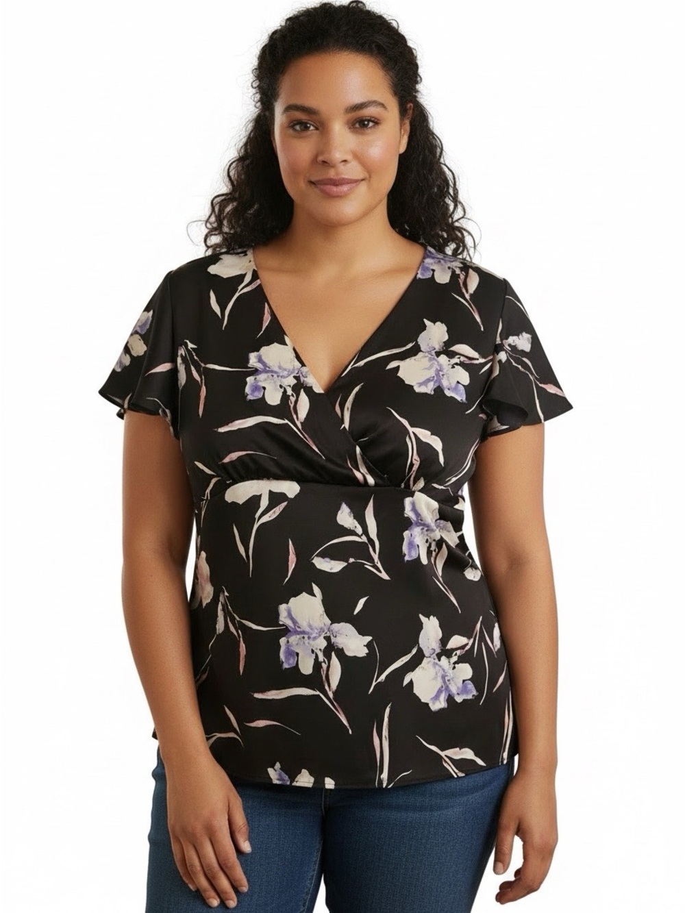 Floral Low-Cut Short Sleeve Blouse Size XL